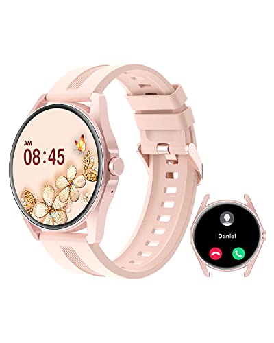 HUAKUA Montre Connectée Femme Appel Bluetooth Ronde Montre Sport pour Android iOS Smartwatch Podometre Cardiofréquencemètre Oxymetre Cycle Menstruel Fond d Écran Personnalisé Suivi Sommeil Rose