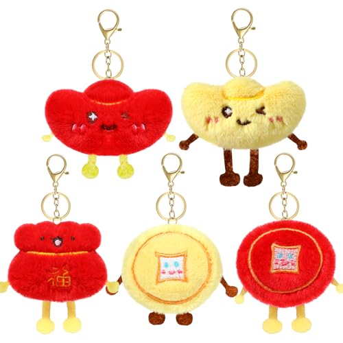 NEWEST 5 Pieces Plush Chinese Keychain with Coin Ingot Wealth