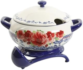Pioneer Woman Frontier Rose Cobalt Ceramic 3.17-Quart Soup Tureen with L...