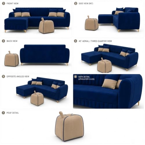 Image of CASASTYLE Signature Velour 4-Seater L-Shape Sofa Set with Movable Ottoman & Suri Pouf | Flexible LHS /RHS Layout | Boston Fabric | 40D Foam + Zigzag Spring | 3-Yr Warranty (Midnight Blue,Sand Beige)