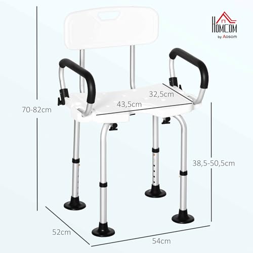 HOMCOM Silla Ducha Personas Mayores Silla para Ducha Taburete de Ducha Antideslizante con Respaldo Altura Ajustable Asiento en U y Apoyabrazos Abatible Carga 136 kg - imagen 2