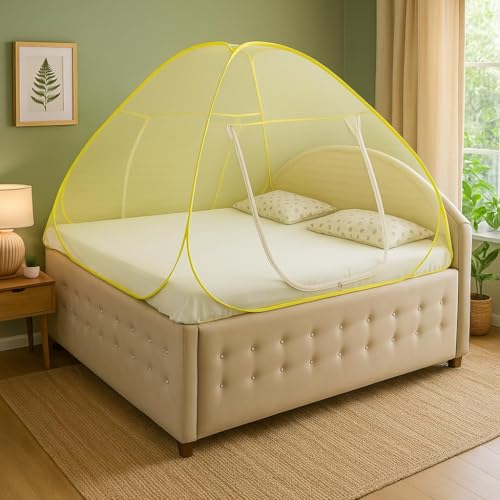 Image of Healthy Sleeping Pop up | Mosquito Net | Double Bed | King Size | Queen Size | Single Bed | Foldable Machardani | Polyester 30GSM Strong Net (Yellow)