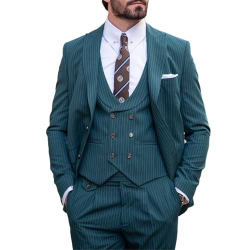 Costume vert homme 3 pièces coupe slim élégant smoking rayé avec veste gilet et pantalon en taille 5XL
