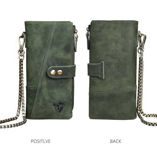Image of Genuine Crazy Horse Leather Travel Gift Coin Pocket Card Case Long Organizer Chain Rfid Wallet Purse With Snap For Men Male 1803 1815 (1803 The Green2)