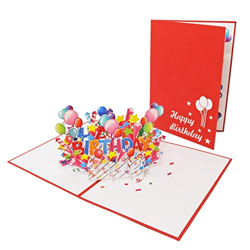 Favour Pop Up Glückwunschkarte zum Geburtstag mit rotem Cover. Beim Öffnen entfaltet sich ein farbenfrohesHappy Birthday TB127