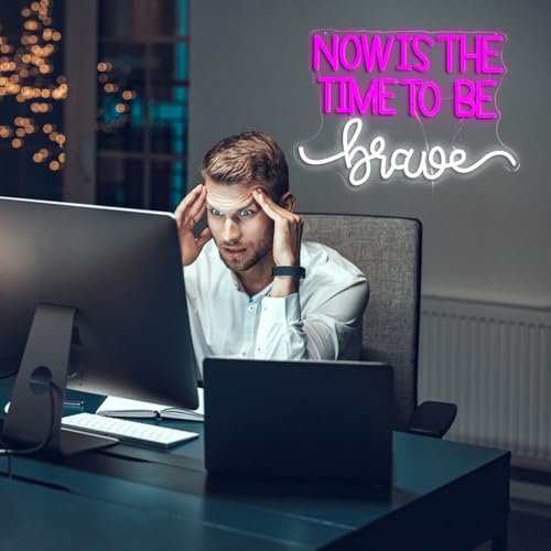 Image of Now Is The Time To Be Brave Neon Sign for Wall Decor Pink Neon Light Dimmable Positive Led Light Up Sign for Classroom Bedroom Teenagers Girls Room Club Salon 16.5 * 11.8 Inch