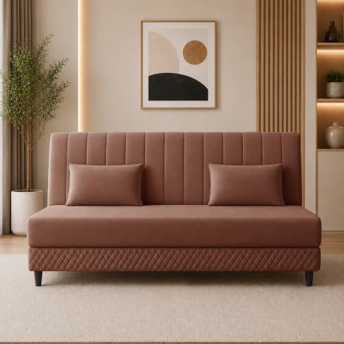 Image of Rosebell Modern 3 Seater Velvet Sofa Cum Bed with Cushion | Premium Upholstered Fabric | Tufted Backrest | Wooden Legs | Living Room Furniture | Brown