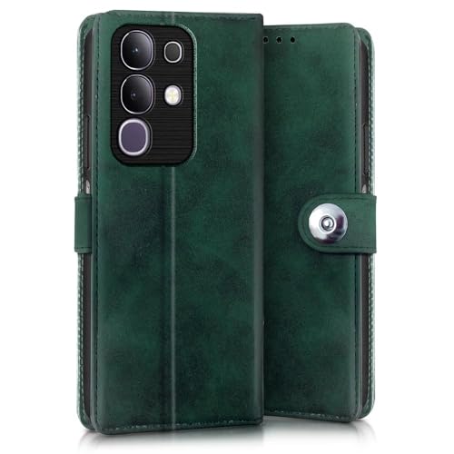 Image of WOW IMAGINE Shock Proof Flip Cover Back Case for Vivo T4x 5G | iQoo Z10x 5G | Vivo Y31 Pro 5G (Magnetic Button Flip Case | Wallet Pockets & Stand | Leather Finish | Forest Green)