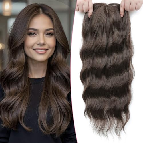 Lasunork Postiche synthétique avec frange ondulée et bouclée pour femme (45,7 cm, brun chocolat riche)