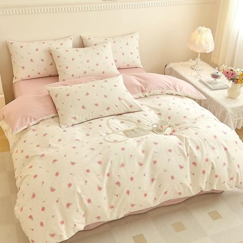 Freyamy Blumen Bettwäsche 155x220 Baumwolle Rosa Floral Herz Bettwäsche Set – Ansicht 3