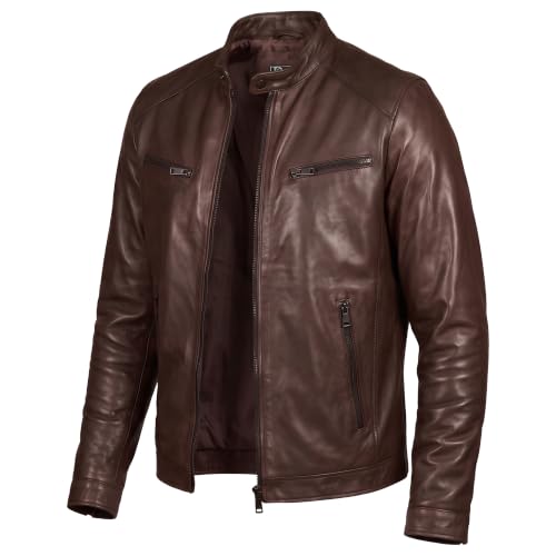 Image of Men Cafe Racer Motorcycle Style Solid Leather Jacket Slim Fit Motorcycle Brown Cafe Racer Leather Jacket