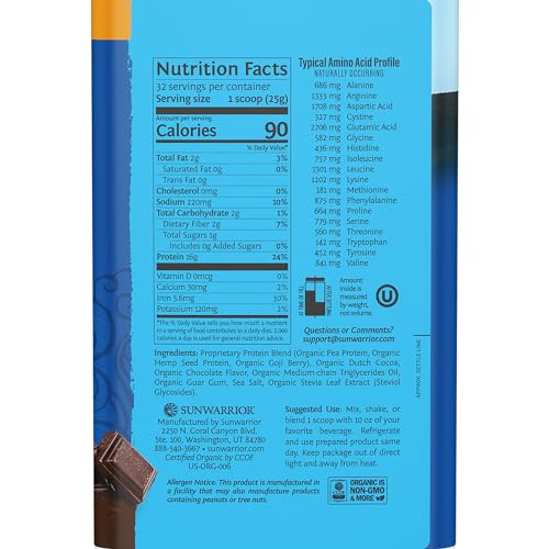 Sunwarrior Vegan Protein Powder Plant-Based USDA Organic | BCAA Amino Acids Hemp Seed | Keto Friendly Soy, Dairy, Gluten, & Synthetic Free Non-GMO | Chocolate 32 Servings 16g - Image 3