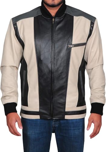 Hide & Seek Mens Varsity Classic School Bomber Black and beige Color Day Off Student Biker Retro 80’s Leather Jacket