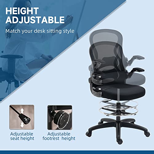 Image of Vinsetto Standing Desk Chair, Ergonomic Drafting Chair with Flip-up Armrests, Tall Mesh Office Chair with Lumbar Support, Adjustable Footrest Ring and Seat Height, Black