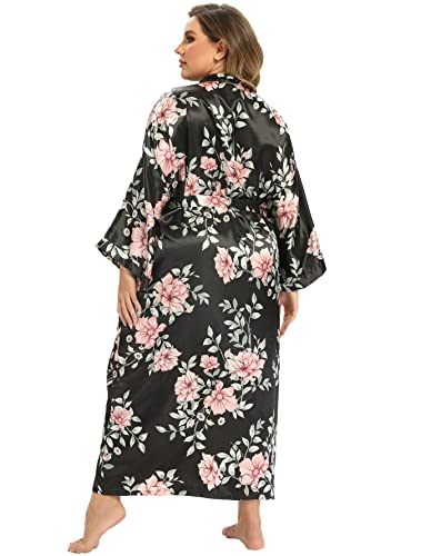 Image of Women's Floral Long Satin Robes Plus Size Long Silk Robes Peacock Floral Kimonos Sleepwear Dressing Gown