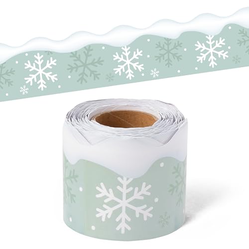 Image of BeYumi Winter Snowflake Border Trim - 65ft Winter Christmas Sage Green White Snowflake Scalloped Rolled Border Trim Bulletin Board Borders School Classroom Door Home Office Chalkboard Party Decoration
