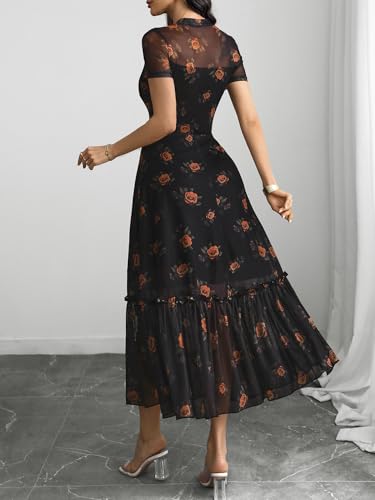 Image of GothDark Women's Summer Floral Mesh Ruffle Dress Short Sleeve Round Neck Waist Cinched Casual Maxi Wedding Guest Dresses