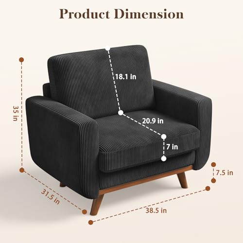 Image of Vesgantti 38.5 inch Accent Chair Black, Comfy Corduroy Single Sofa Seat with Spring Cushion, Upholstered Armchair with Deep Seat, Reading Chair for Adults, Modern Sofa for Living Room, Bedroom
