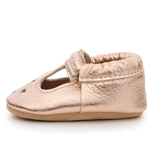 BirdRock Baby Mary Jane Moccasins - Genuine Leather Soft Sole Baby Girl Shoes for Newborns, Infants, Babies, and Toddlers (Rose Gold, US 4)