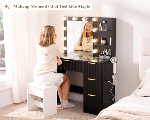Image of AMERLIFE 36.2 inch Fluted Vanity Desk with Mirror and Adjustable LED Lights, Large 4 Drawers Makeup Table with Glass Top and Charging Station for Women and Girls, Bedroom or Dorm, Black