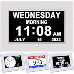 Yuanzeco Wekker met dag en datum voor ouderen 3 displays 7 inch digitale kalender dagklok fotolijst – Auto dimbare weergave 15 alarmopties, dagklok met niet-afgekorte dag en maand