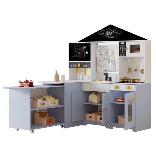 Kinder-Spielküche aus Holz in Hausform Rosa mit Kaffeemaschine, Backofen, Herd und Spüle, Komplettzubehör für Kinder ab 3 Jahren