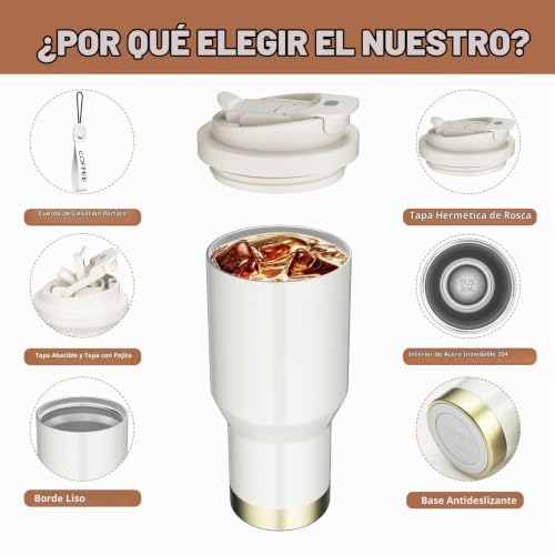 Miniatura 3 de Vaso Termo Cafe Para Llevar - Taza Termo Para Café - Coffee Mug 530ml De Acero Inoxidable 304, Doble Pared Aislante, 360 Antigoteo, Con Tapón De Pajita Y Boquilla Para Bebida Caliente Y Fría Blanca