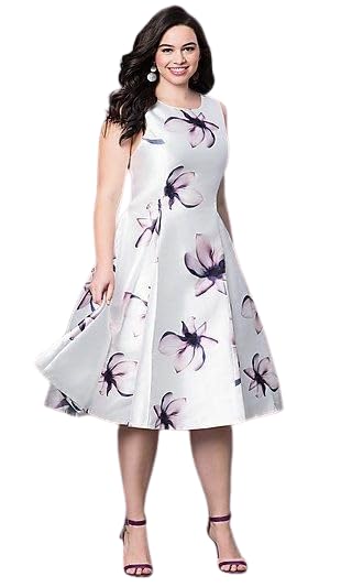 Floral Print Sleeveless Party Dress, White with Purple Flowers, A-Line Midi Length-picture-13