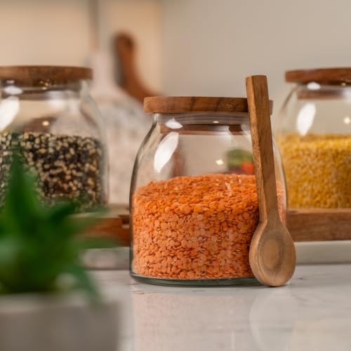 Image of Savor Storage Jar Set - Glass & Acacia Wood with Tray - Multipurpose Storage for Kitchen & Decor (Set of 3)