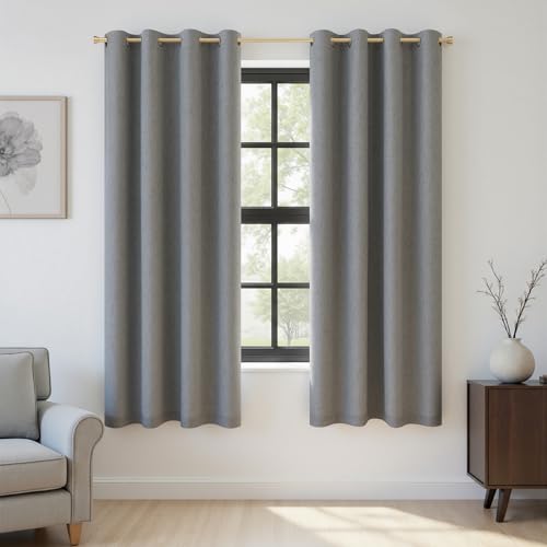 Image of 100% Blackout Linen Textured Curtains for Bedroom Full Light Blocking Room Darkening Bronze Grommet Window Drapes Thermal Insulated Energy Efficient Home Decor 52x63 Grey Gray (2 Panels)