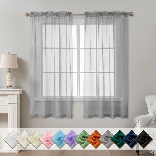 Image of Grey Sheer Curtains 63 Inch Length, Privacy Semi Sheer Curtains for Living Room Bedroom, Light Filtering Rod Pocket Voile Window Drapes 2 Panels Set, Each 42 inch W x 63 inch L