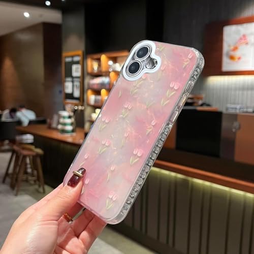 Image of mobistyle Silicone Designed for iPhone 16 Plus | Camera Lens Protection |Tulip Flower Pattern Print Design for Women Teen Girls Phone Back Cover Case (Tulip Pink)