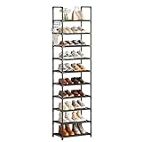 Simple Trending Shoe Rack for Closet, 10 Tiers Narrow Shoe Shelf Holds 20 Pairs, Shoe Organizer Storage with Hooks, Black