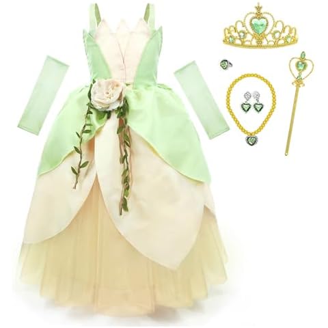 CQDY Princess Tiana Costume for Girls Fancy Fairy Frog Halloween Party Dress Up Toddler with Hair Accessories Cover