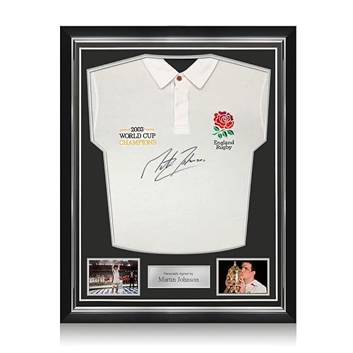 Exclusive Memorabilia Martin Johnson Signed England Rugby Jersey: Champions Embroidery. Superior Frame