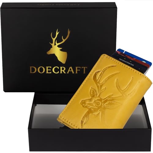 Image of Men's Genuine Leather RFID Wallet | Premium Slim Red Wallet for Men with Deer 3D Print | 8 Card Slots Secure and Durable | Casual Stylish | Formal & Gifting Use, Yellow and Silver