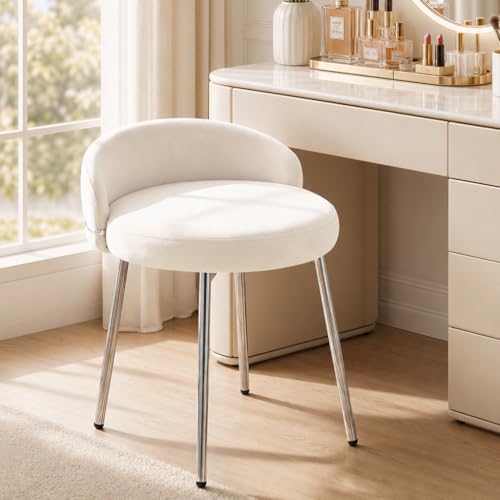 Hellove Tabouret Coiffeuse Samt Rond avec Pieds en Métal Argenté, Chaise Coiffeuse Moderne Vanity Stool avec Dossier Courbé et Assise Rembourrée pour...