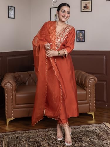 Image of VredeVogel Women's Silk Blend Embroidered Anarkali Kurta with Pant & Dupatta Set | Festive & Casual Women Ethnic Kurta Set for Women