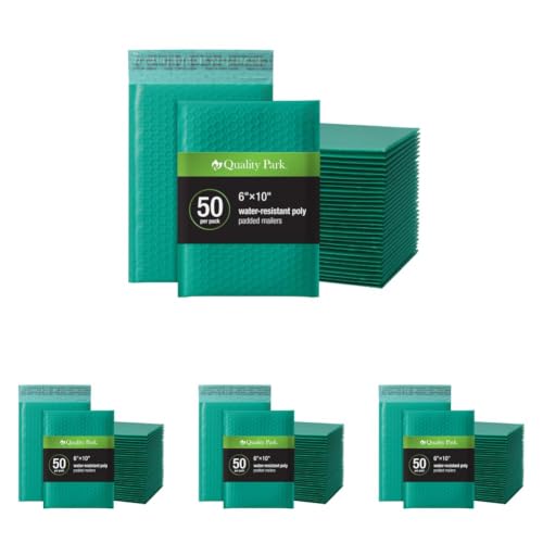 Image of Quality Park Bubble Mailers, 6 x 9, Turquoise Poly Mailers, Padded Envelopes, Shipping Bags, Water Resistant, Self Seal, 50 Per Box (QUA85913) (Pack of 4)