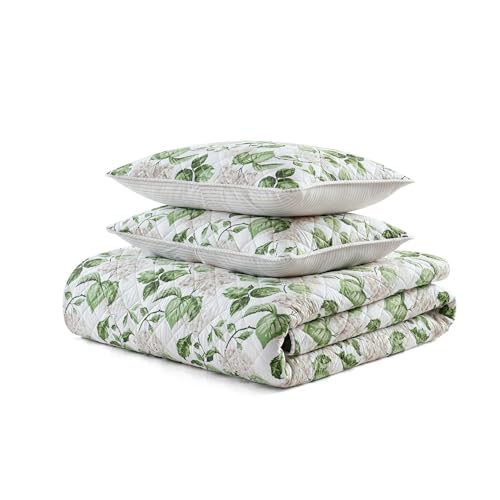 Image of Martha Stewart - King Quilt Set, 100% Soft Cotton Floral Bedding for Year Round Comfort, 3 Piece Bed Set with Matching Pillowcases (Hydrangea Floral Beige)