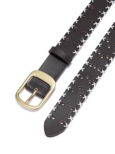 Western belt for cowboy cowgirl,Edge Stitched Brown Genuine Leather Belt with Vintage Buckle for Jeans and Pants3