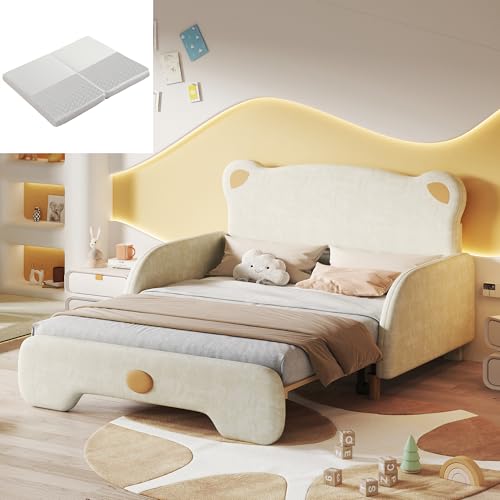HYSZ Cama tapizada, cama nido, cama doble en forma de oso, cuna infantil, con bordes protectores suaves, con listones de madera, terciopelo, beige (140 x 105 cm y 140 x 200 cm), colchón de esponja