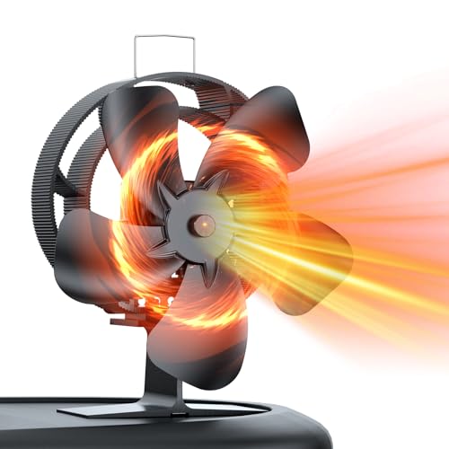 Ventilador para estufa con termómetro, caudal de aire de 200 CFM, ventilador oscilante de 60° con 5 aspas de 210 mm, funcionamiento térmico y silencioso (sin electricidad) para estufas de leña.