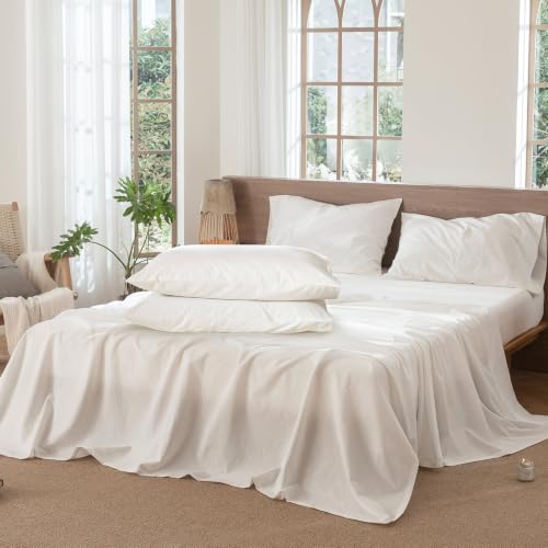 Image of MooMee Sheet Set 100% Washed Cotton Linen-Like Extra Deep Pocket Queen | Relaxed Linen-like Texture. Soft, Breathable & Lightweight Comfort. 15-19 inch Extra Deep Pocket with All-around Elastic