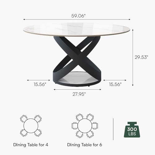 POVISON 59" Modern Dining Table, Glossy White Round Dining Table for 6, Sintered Stone Dining Tabletop with Black X Carbon Steel Base (Table Only) - Image 3