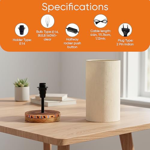 Image of AAKRITI ART CREATIONS Mango Wood Table Lamp for Study Room, Bedroom & Living Room Decoration | Modern Minimal Contemporary Bedside Lamp with Cotton Fabric Shade | Aesthetic Night Lamp