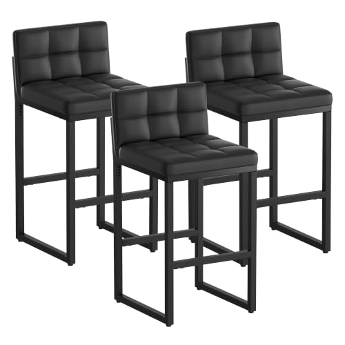 Image of Bar Stools Set of 3, Modern Counter Height Barstools, Black | 24 inch Faux Leather Bar Chairs with Back, Footrest, Sturdy Thickened Metal Leg, Upholstered Counter Stools for Kitchen Island