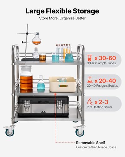 VEVOR Chariot de Service Utilitaire 3 Niveaux, Desserte en INOX avec Roues Verrouillables, pour Soins Médicaux Hôpital Clinique Restaurant Cuisine et Salon de Coiffure, Chariot de Laboratoire Mobile – vue 5