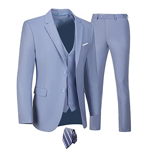Image of Furuyal Men's Suits 3 Piece Slim Fit Suit Set,Two Button Wedding Business Tuxedo Solid Blazer Jacket Vest Pants with Tie