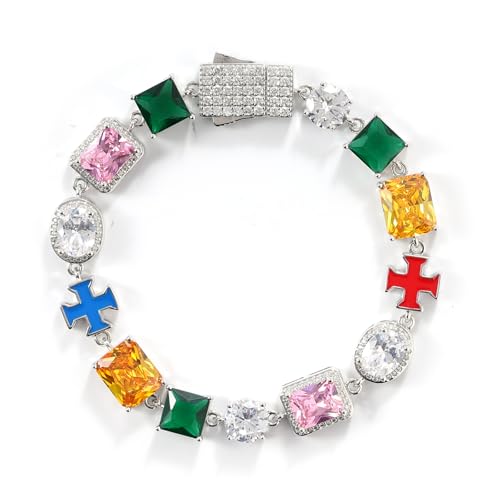 Lulu Mel Colorful Tennis Bracelet Diamond Chain, 10mm Tennis Diamond Colorful Cross CZ Stones Link Chain, Sparkly Rainbow Crystal 7-8 Inches Bracelet Fashion Jewelry Gift
